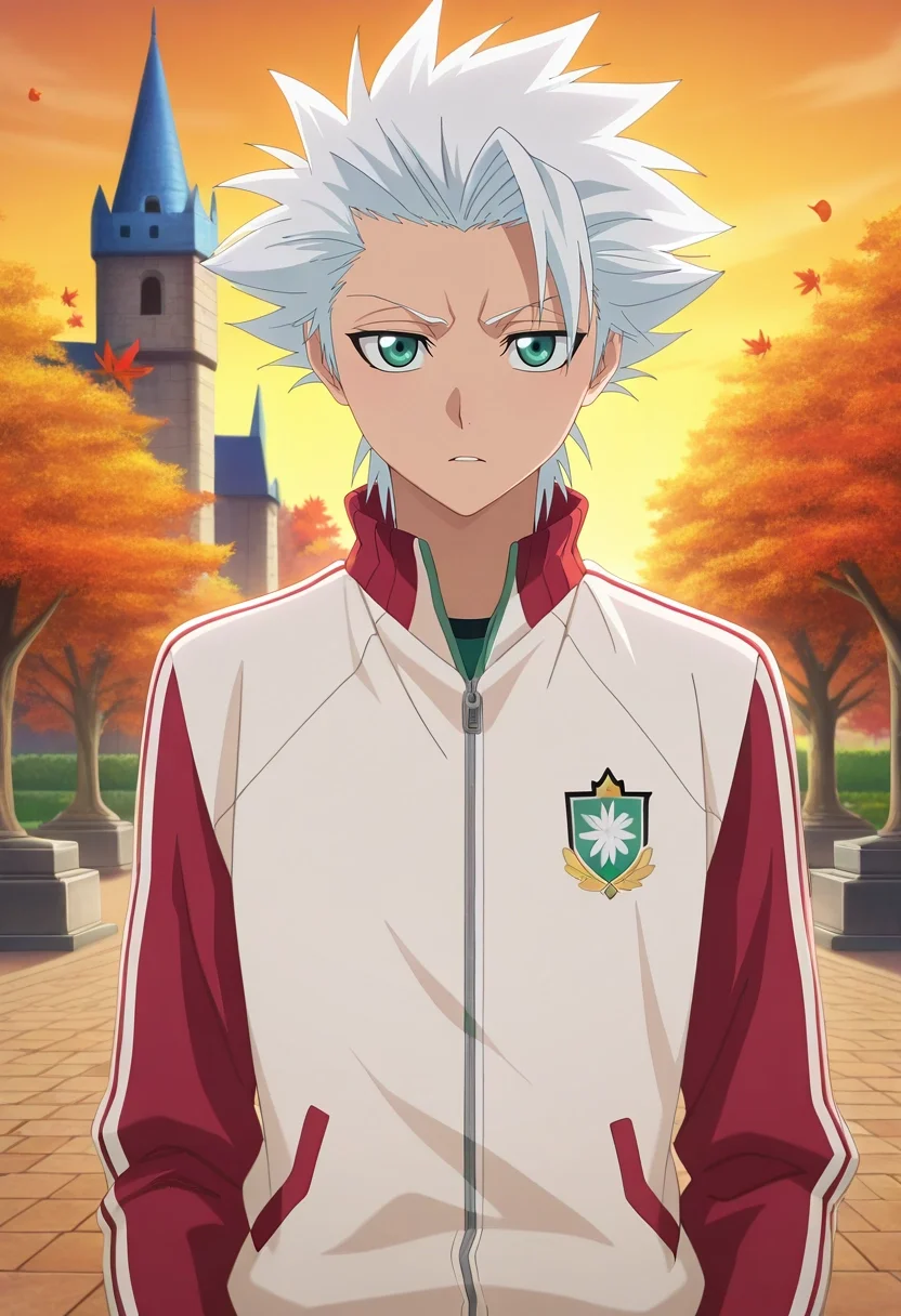 masterpiece, best quality, intricate details, anime screencap, , , looking at viewer, , 1boy, solo, male focus, <lora:toushirou_hitsugaya_ilxl:1>, toushirou_hitsugaya, white hair, green eyes, spiked hair, , . , , autumn castle, maple courts, leaf gardens, stone towers, noble pose, dignified expression, golden hour, track jacket,