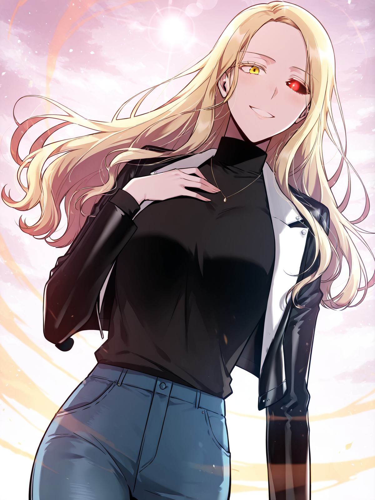 <lora:Omniscient_Readers_Viewpoint__Anna_Croft (1):1>
1girl, solo, long hair, wavy hair, blonde hair, side part, heterochromia, yellow right eye, red left eye, black sclera (left eye),
black turtleneck, black jacket, fitted jacket, long sleeve, modern outfit, blue jeans, belt, sneakers, necklace, pendant,
score_9, score_8_up, score_7_up, very aesthetic, source_anime, detailed, high quality, beautiful, detailed eyes, masterpiece, best quality, absurdres, perfect anatomy, dynamic low-angle shot, looking down while smiling brightly, wind blowing through hair, one hand near chest, flushed cheeks, dramatic lighting from behind, glowing rimlight, cinematic lens flare, soft pinkish background, ethereal atmosphere, anime style