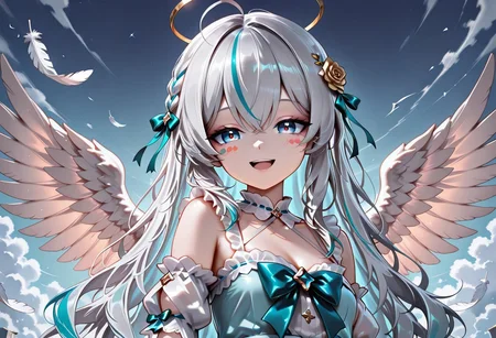 lazypos, girl focus, 1girl, virtual youtuber, blue hair, blue eyes, multicolored hair, long hair, blush, wings, hair ornament, open mouth, dress, looking at viewer, ahoge, bow, smile, puffy detached sleeves, solo, wing hair ornament, white wings, hair bow, flower, detached sleeves, medium bangs, angel wings, braid, sky, streaked hair, feathers, frills, ribbon, white feathers, feathered wings, >_<, rose, upper body, blue bow, blue dress, short sleeves, two-tone hair, puffy sleeves, puffy short sleeves, hair ribbon, sparkle, breasts, blush stickers, :d, nonoknowb