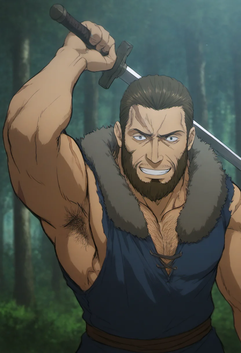 1boy, bandit_SkeletonKnight, two scars on face, beard, brown hair, brow eyes, score_8_up, score_7_up, score_6_up, score_9_up, a muscular male bandit stand at forest, fantasy, ancient ,medieval, fur collar, (manly),sleeveless shirt, hairy, face_focus, middle-age man, (muscular), big muscle, centered,looking at viewer, detailed eyes, 8k uhd, high quality, bare arms, arm up, armpit, evil_grin, fighting pose, attack, holding sword