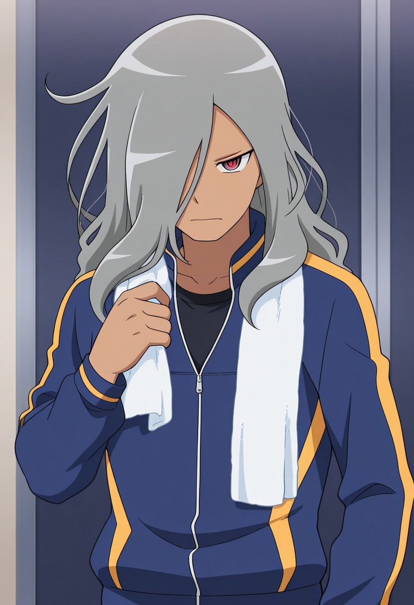 masterpiece,best quality,amazing quality, source_anime,
HaizakiRyouhei, 1boy, male focus, solo, dark skin, dark-skinned male, red eyes, grey hair, long hair, hair over one eye, orion track jacket, towel around neck, indoor, frow,,