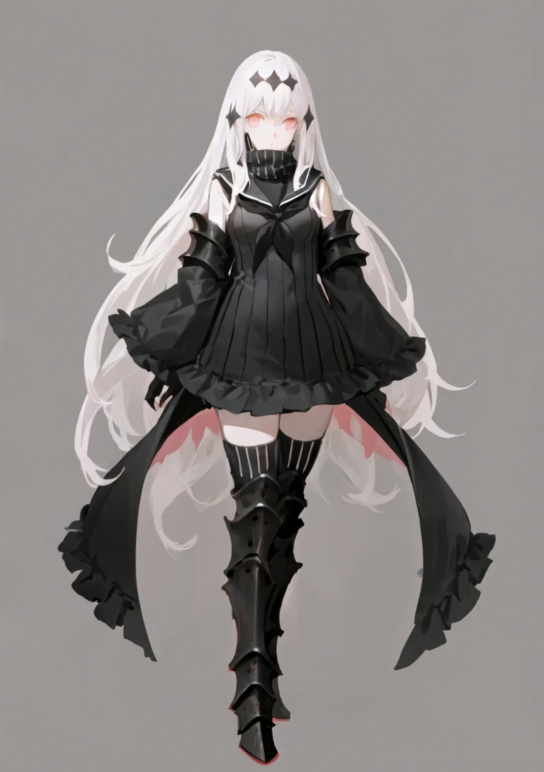 (masterpiece, best quality, best anatomy, digital art, Intricately designed 2d illustration), (simple background, clear white background:1.4), aircc water oni, covered mouth+neckerchief, full body+standing, 1girl, solo, white skin, red eyes, (white hair, long hair, hair ornament), (detached sleeves, frilled sleeves), (turtleneck, frilled dress, sailor dress), black thighhighs, (((bulky armored boots, high heel boots)))