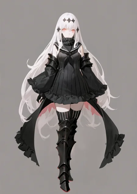 (masterpiece, best quality, best anatomy, digital art, Intricately designed 2d illustration), (simple background, clear white background:1.4), aircc water oni, covered mouth+neckerchief, full body+standing, 1girl, solo, white skin, red eyes, (white hair, long hair, hair ornament), (detached sleeves, frilled sleeves), (turtleneck, frilled dress, sailor dress), black thighhighs, (((bulky armored boots, high heel boots)))