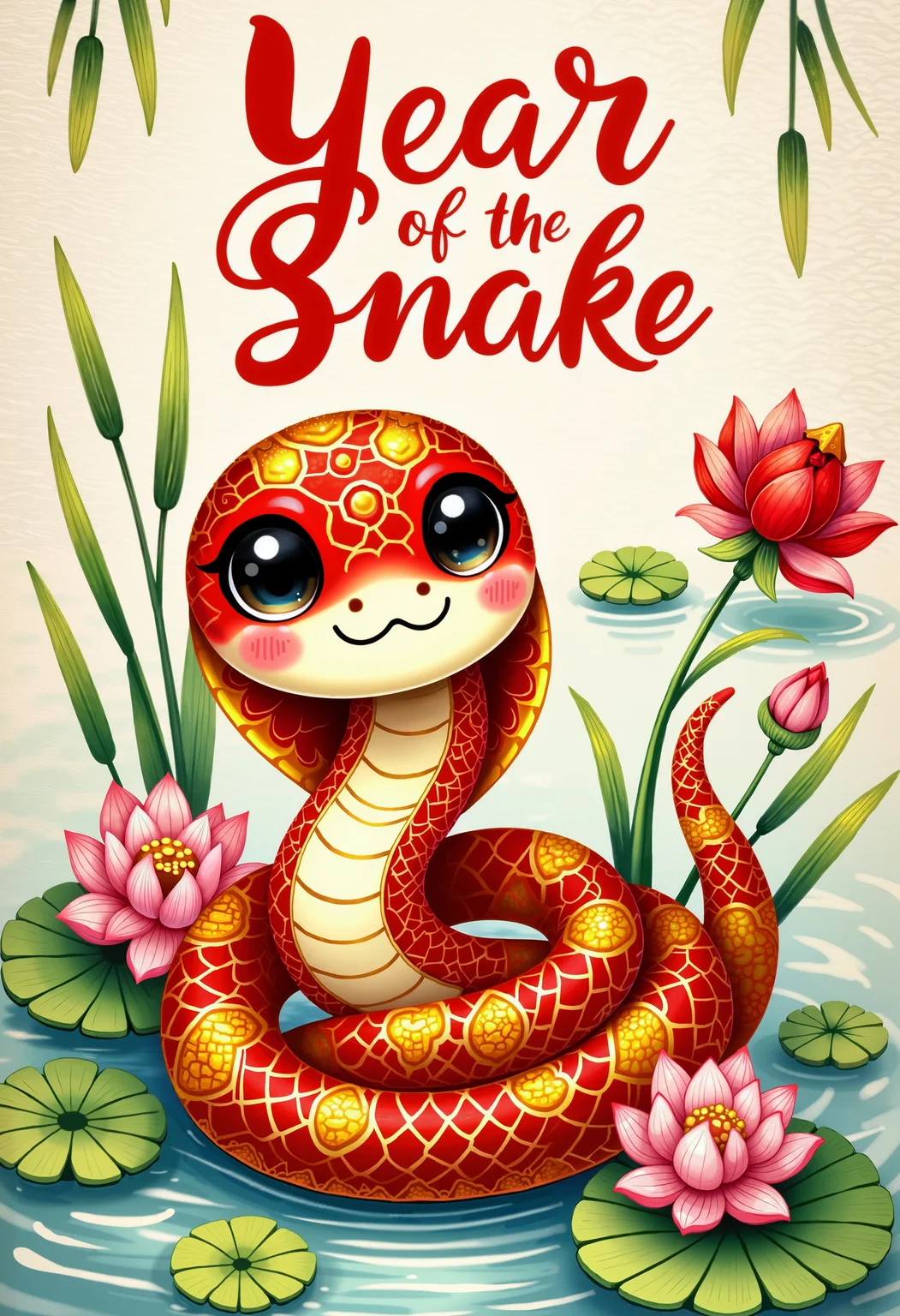 bo-snake, a oil paint on canvas of a world of mystical anime snake, dark fantasy, A whimsical, cartoonish illustration, reminiscent of a charming children's book, depicts a stylized snake, embodying the spirit of the Chinese zodiac. The snake, a vibrant blend of ruby red and burnished gold/orange, boasts a mosaic-like pattern on its scales, each tiny facet meticulously rendered. Its large, expressive eyes, filled with a happy, almost playful expression, gleam under soft, diffused light. The snake's supple, coiled body is a study in elegant movement, and its form suggests a sense of contentment. Surrounding the snake are soft, pastel pink lotus blossoms, their delicate petals exhibiting intricate detail, gently brushing against the cool, emerald green sepals. A single, brilliant crimson lotus blossom, bursting with life, sits nearby, adding a pop of vibrant color. The background features a serene, misty lake surrounded by lush green reeds, shimmering water reflecting the pastel hues of dawn. Soft, floating lotus pads and golden ripples add depth and harmony to the setting. Script-like lettering text: "Year of the Snake," appears delicately printed in a charming style, adding a thematic element to the illustration. The entire piece is bathed in a gentle, diffused light, casting no harsh shadows, spotlighting the detailed textures and patterns. Each petal, each scale, each intricate fragment of the mosaic is rendered with meticulous care, creating a sense of refined artistry within the whimsical style, perfectly complementing the tranquil, nature-inspired background.<lora:boFLUX Year of the Snake.safetensors:1.0:1.0>