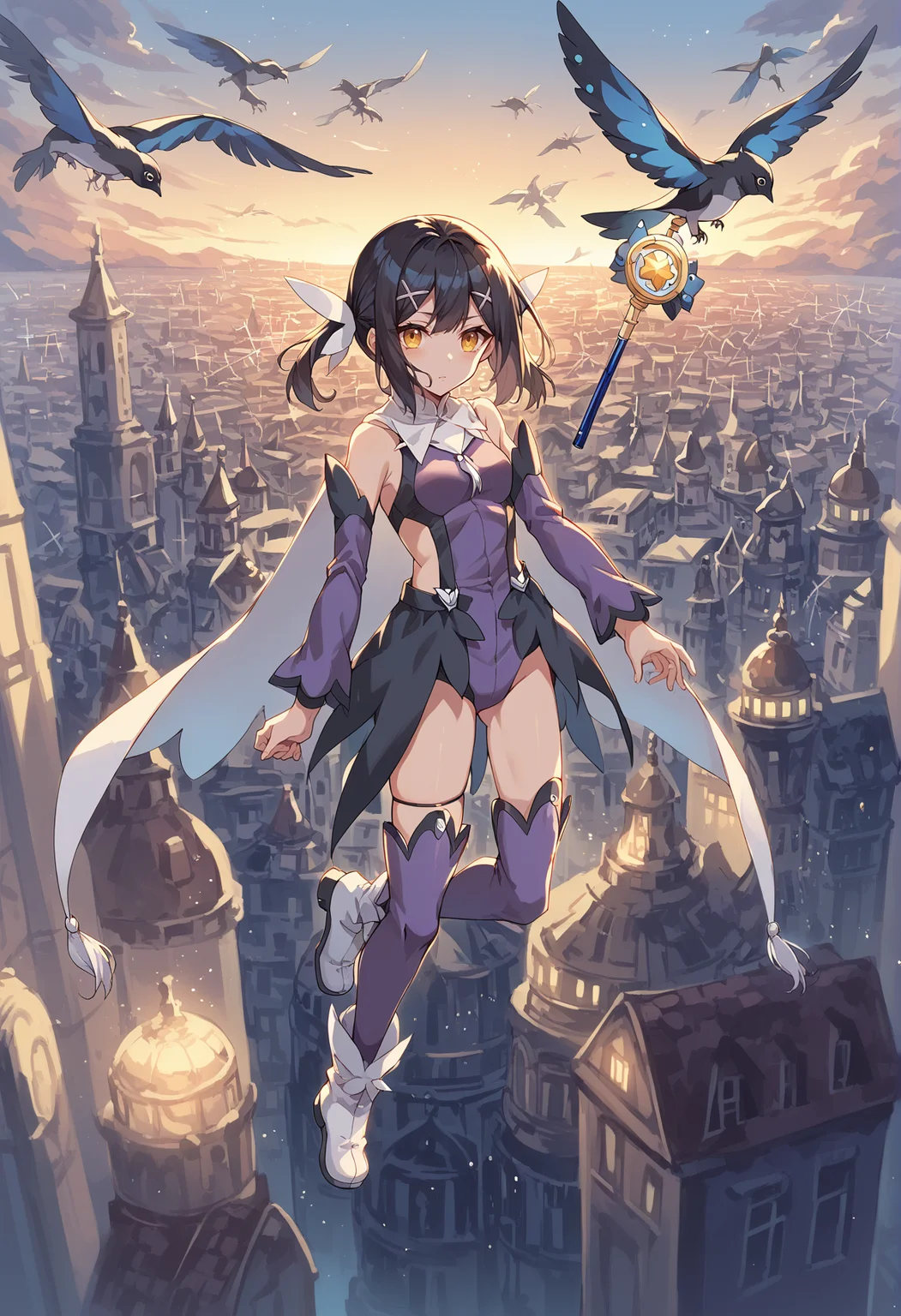 1girl, medium hair, yellow eyes, x hair ornament, low twintails, feathers, magical girl, leotard, waist cape, detached sleeves, thighhighs, white boots, cape, flying, standing, outdoors, city, holding, wand <lora:Miyu_XL:1>, score_9, score_8_up, score_7_up, score_6_up, score_5_up, score_4_up, BREAK source_anime, masterpiece