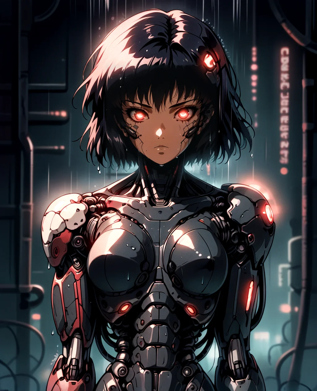 1girl, solo, cyborg, deep red eyes, warm skin color, short hair, cable, science fiction, breasts, medium brests, mechanical parts, glowing spots and parts on torso, looking at viewer, upper body, android, black hair, robot joints, closed mouth, bangs, dark theme, glow, neon, wet, rain, night, soft expression, cyberpunk art, neogeo, saturated, high contrast, halftone effect, sharp outlines, cel shading, <lora:RetroAnimeRedux_epoch_10:1> <lora:mecha:.6> mecha, <lora:retanime:.3> retanime, <lora:OldAnimeStyle_XL_v3:.5> Vintage, 1990s \(style\)