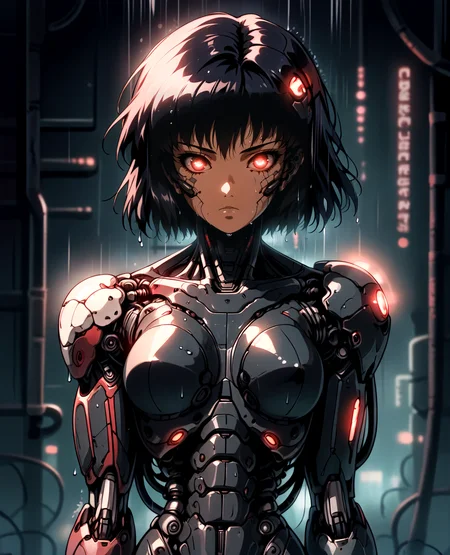 1girl, solo, cyborg, deep red eyes, warm skin color, short hair, cable, science fiction, breasts, medium brests, mechanical parts, glowing spots and parts on torso, looking at viewer, upper body, android, black hair, robot joints, closed mouth, bangs, dark theme, glow, neon, wet, rain, night, soft expression, cyberpunk art, neogeo, saturated, high contrast, halftone effect, sharp outlines, cel shading, <lora:RetroAnimeRedux_epoch_10:1> <lora:mecha:.6> mecha, <lora:retanime:.3> retanime, <lora:OldAnimeStyle_XL_v3:.5> Vintage, 1990s \(style\)
