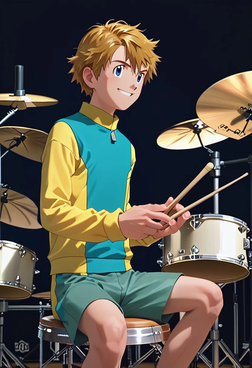 score_9, score_8_up, score_7_up, score_6_up, masterpiece, best quality, amazing quality, best aesthetic, absurdres, intricate details, detailed face, takeru takaishi, blonde hair, blue eyes, solo,1boy, male focus, long sleeves, yellow and teal shirt with zipper, green shorts, drum, drum set, holding drumsticks, sitting behind drums, performing on stage, stage lighting, detailed, smile, facing viewer,