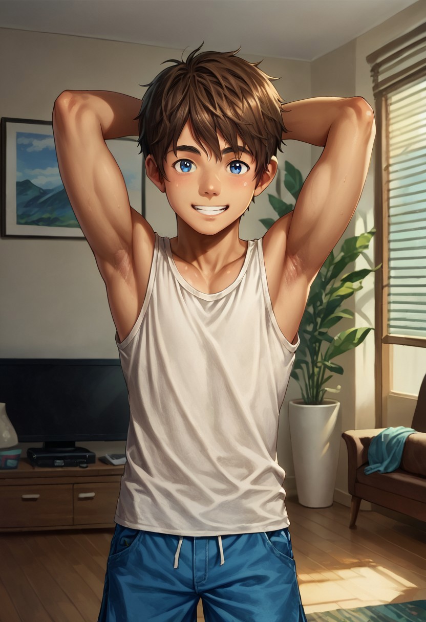 score_9, score_8_up, score_7_up,source_anime,hands behind head,short hair,apt_lucas,smile,blue eyes,brown hair,short hair,tank top,shorts,1boy,standing,living room,day,cute boy,solo,looking at viewer,