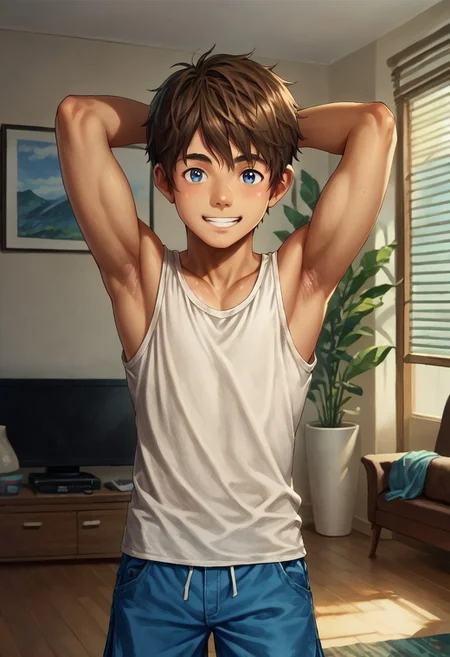 score_9, score_8_up, score_7_up,source_anime,hands behind head,short hair,apt_lucas,smile,blue eyes,brown hair,short hair,tank top,shorts,1boy,standing,living room,day,cute boy,solo,looking at viewer,