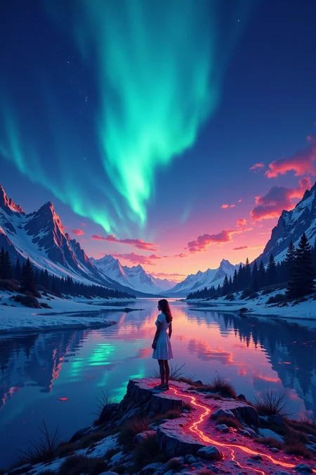 arctic beautiful  landscape, evening, woman, very intricate, very detailed, sharp, bright, colorful, <lora:Hand v2:0.5> <lora:Anti-Blur:1><lora:Insane Detail Slider:0.25>  <lora:flux.1_lora_flyway_Epic-detail_v2:0.3> <lora:fluxenhancer:0.25> <lora:ROWER:0.8>  <lora:Anime art - Variant 2:0.6>