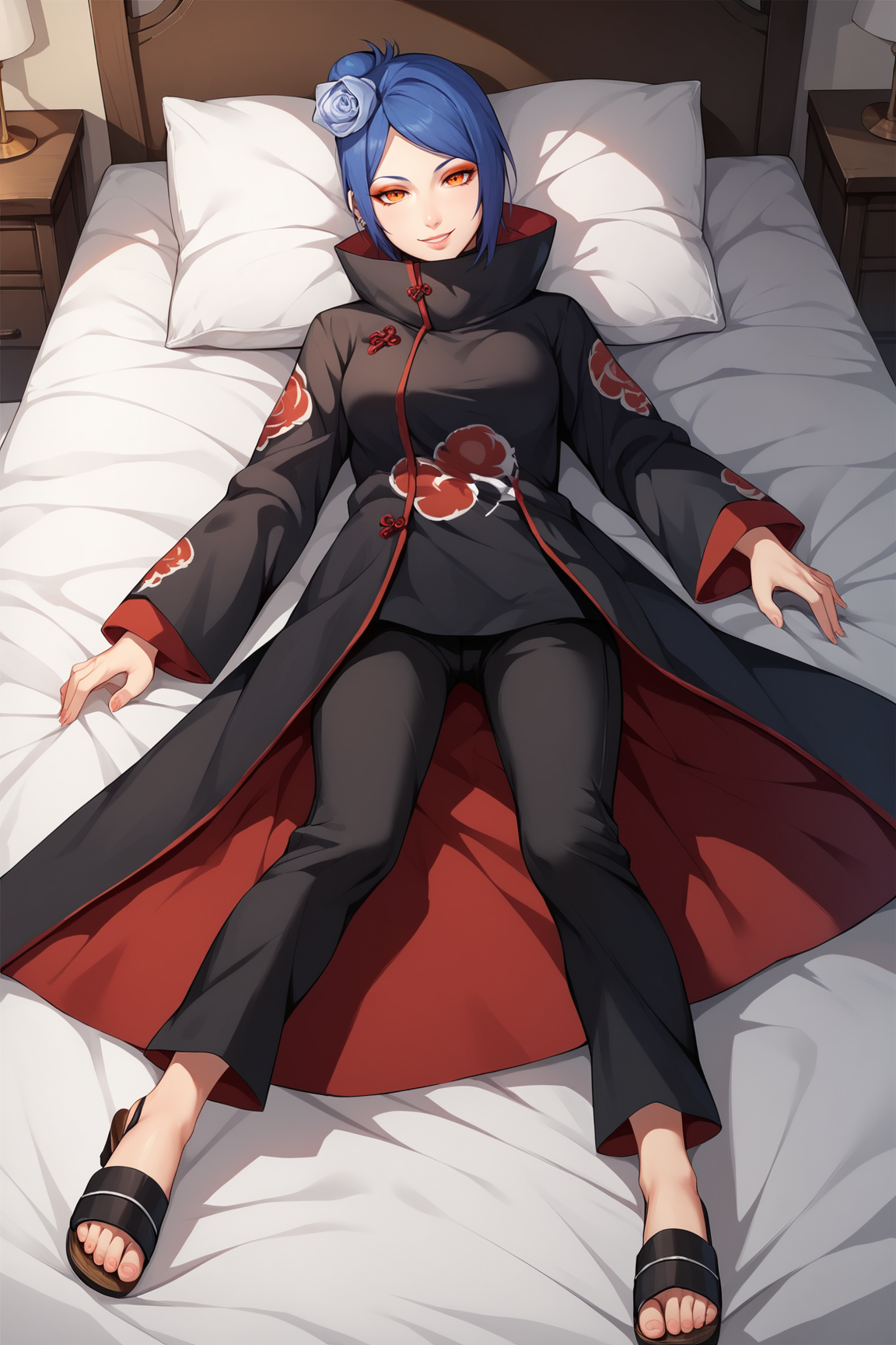 score_9, score_8_up, score_7_up, score_6_up, score_5_up, score_4_up, KonanNSHXL, makeup, orange eyes, blue hair, short hair, single hair bun, hair flower, piercing, medium breasts, high collar, black coat, coat with cloud print, long sleeves, pants, sandals, lying on bed, seductive smile, looking at viewer, indoors <lora:KonanNSHXL:0.7>