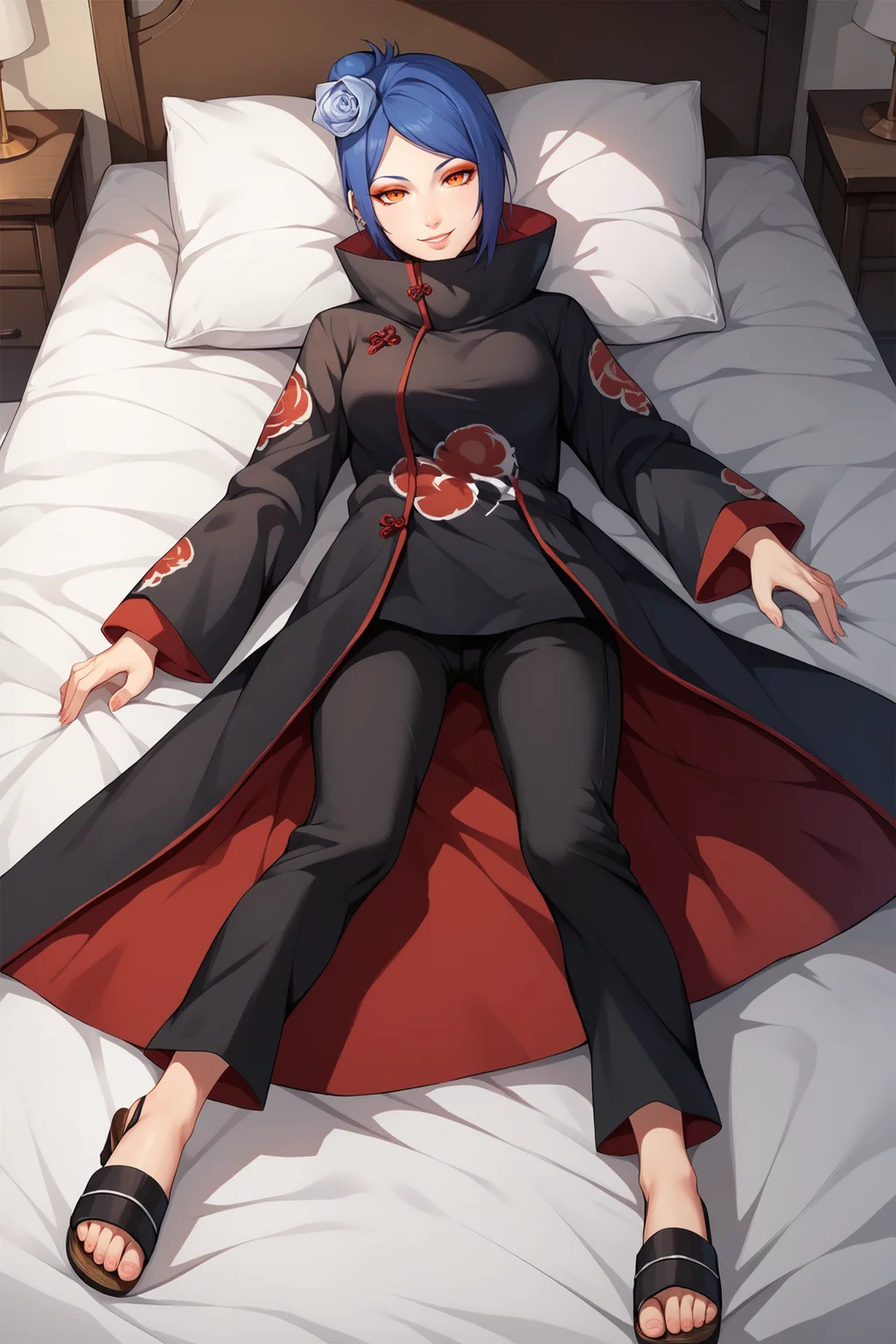 score_9, score_8_up, score_7_up, score_6_up, score_5_up, score_4_up, KonanNSHXL, makeup, orange eyes, blue hair, short hair, single hair bun, hair flower, piercing, medium breasts, high collar, black coat, coat with cloud print, long sleeves, pants, sandals, lying on bed, seductive smile, looking at viewer, indoors <lora:KonanNSHXL:0.7>