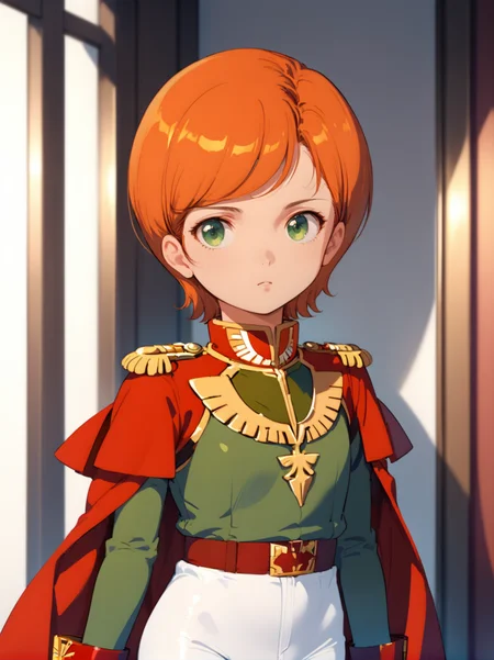 score_9,score_8_up,score_7_up,high quality,masterpiece,perfect light,orange hair,short hair,green eyes,mineva,young girl,1girl,anime,japanese anime,a cute young girl standing in a furturistic room,red and yellow uniform,white pants,<lora:mineva-v1-pony:0.9>,