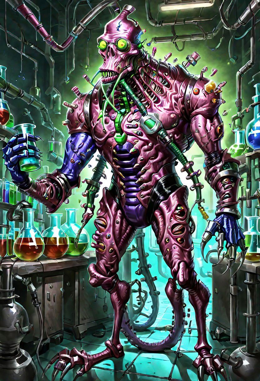 a fleshmutant cybermutant creature with tubes on its body standing in a laboratory and holding a beaker,art by llbreton