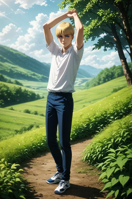 score_9, score_8_up, score_7_up, source_anime, rating_safe, intricate details, (photorealistic:0.6), , , 1boy, solo, male focus, <lora:armin_arlert_pony:0.92>, armin_arlert, blonde hair, blue eyes, very short hair, bowl cut, straight-on, full body, hill, greenery, day, clouds, arms above head, light smile, , <lora:sdxl_lightning_8step_lora:1>