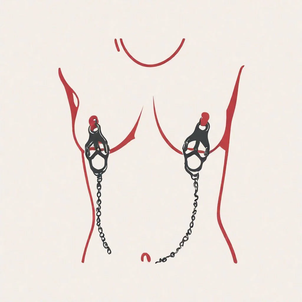 vector illustration, woman, basic colors, icon, logo, white background, (nippleclamps), nipples, small breasts, head out of frame,