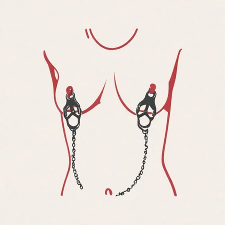 vector illustration, woman, basic colors, icon, logo, white background, (nippleclamps), nipples, small breasts, head out of frame,