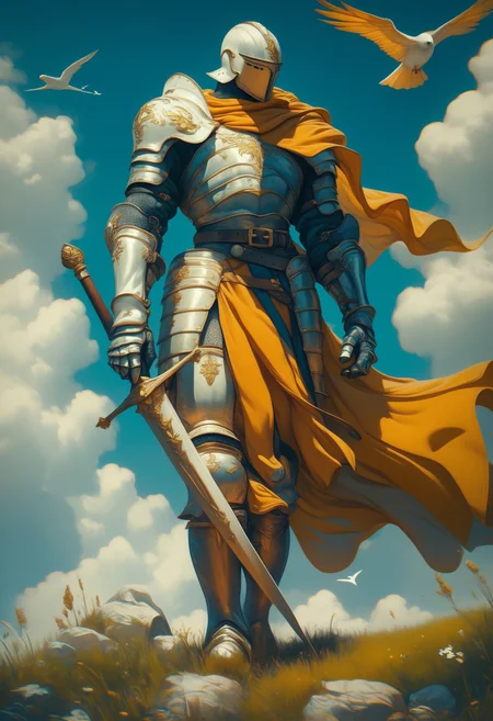 score_9, score_8_up, score_7_up, score_6_up, score_5_up, score_4_up,
<lora:ArmorSentinelV2:1>, arm0rs3nt1n3l,
solo, 1boy, holding, standing, full body, male focus, weapon, outdoors, boots, sky, day, belt, cloud, sword, holding weapon, cape, armor, blue sky, bird, holding sword, grass, cloudy sky, helmet, shoulder armor, 1other, wind, facing viewer, gauntlets, sheath, walking, pauldrons, rock, sheathed, breastplate, armored boots, greaves, planted, faulds, knight, full armor, ambiguous gender, planted sword, covered face, hand on hilt, helm, orange cape