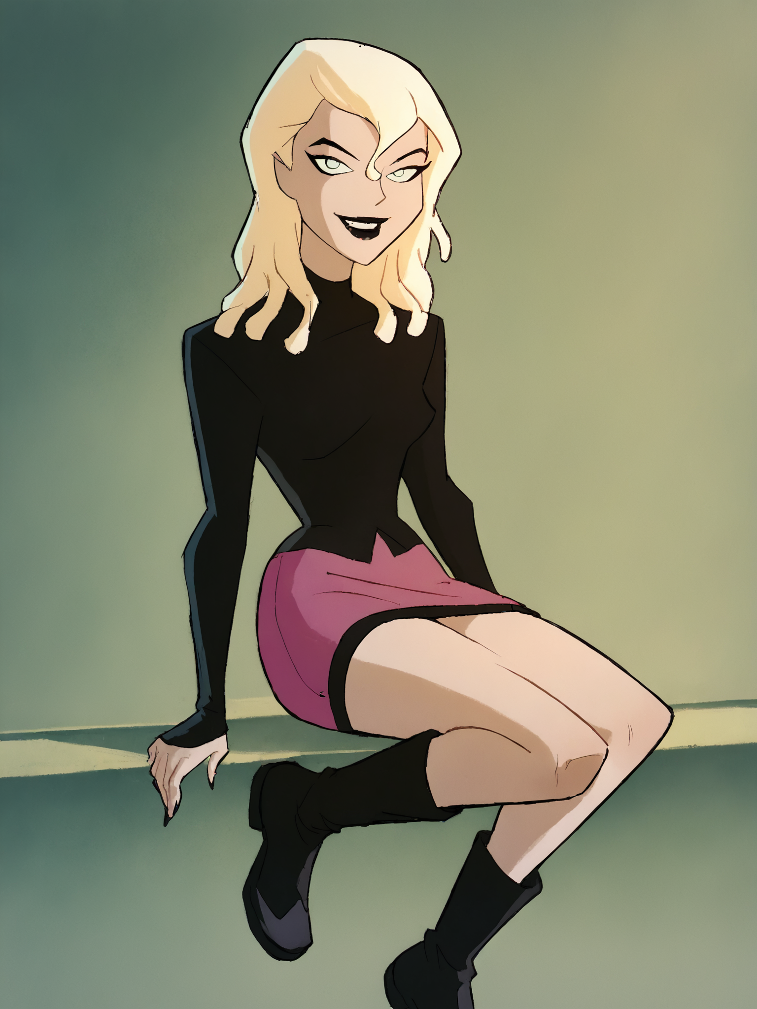 <lora:MelanieWalkerPony1.0:1> melaniew, blonde hair, 1girl, solo, long hair, black lipstick, pink skirt, black shirt, long sleeves,pink skirt,black boots,looking at viewer, smile,  score_9, score_8_up, score_7_up, score_6_up, score_5_up, score_4_up
