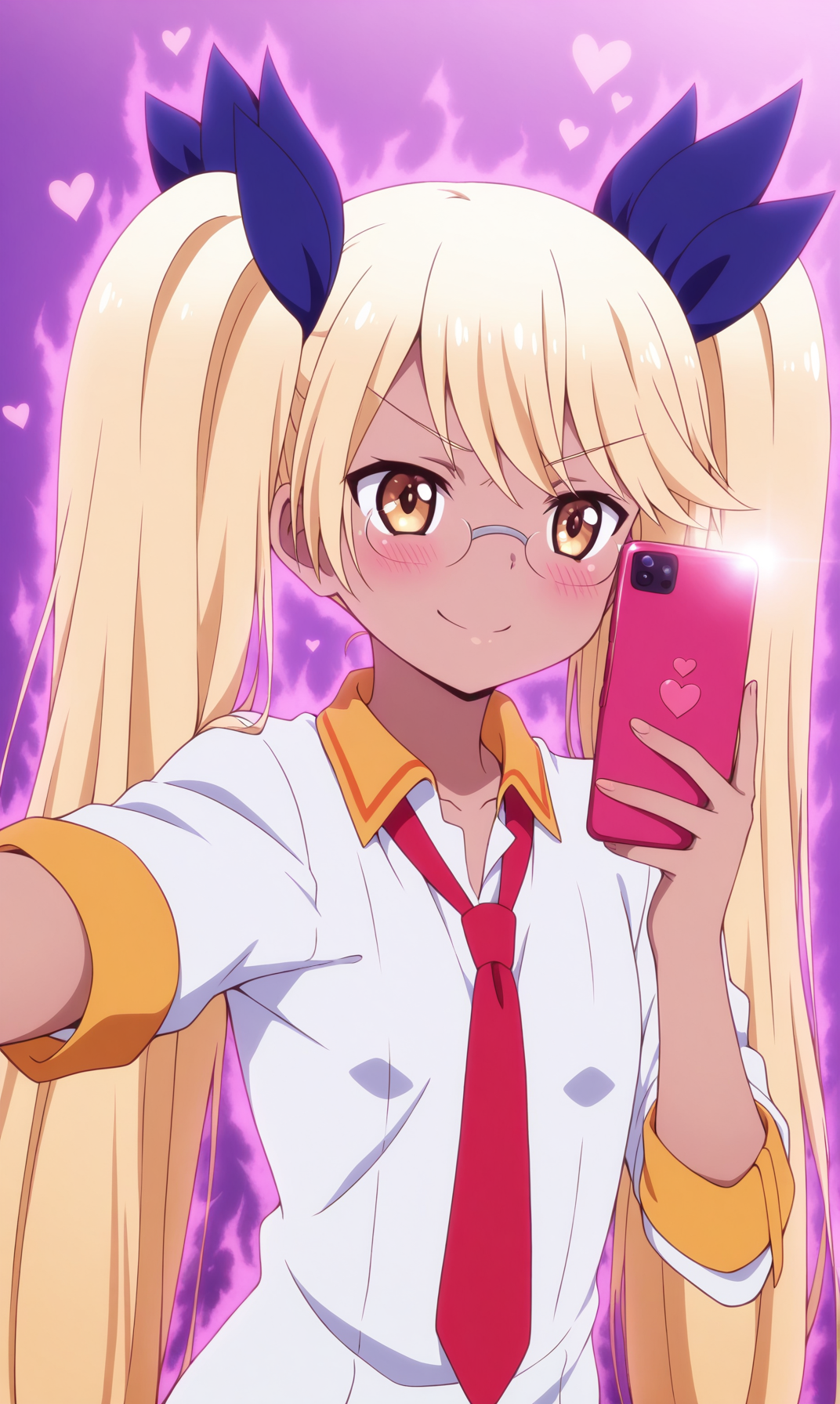 masterpiece, best qualify, zzRetoree, 1girl, phone, solo, necktie, twintails, glasses, pink aura, smartphone, blonde hair, long hair, up hand, heart, v-shaped eyebrows, holding phone, portrait, selfie, hair ribbon, ribbon, >:\), peace sign, shirt, red necktie, Selfie angle, upper body, rimless eyewear, blush, parody, yellow eyes, collared shirt, purple background, closed mouth, white shirt, dark skin, brown eyes, dark-skinned female, very long hair, 