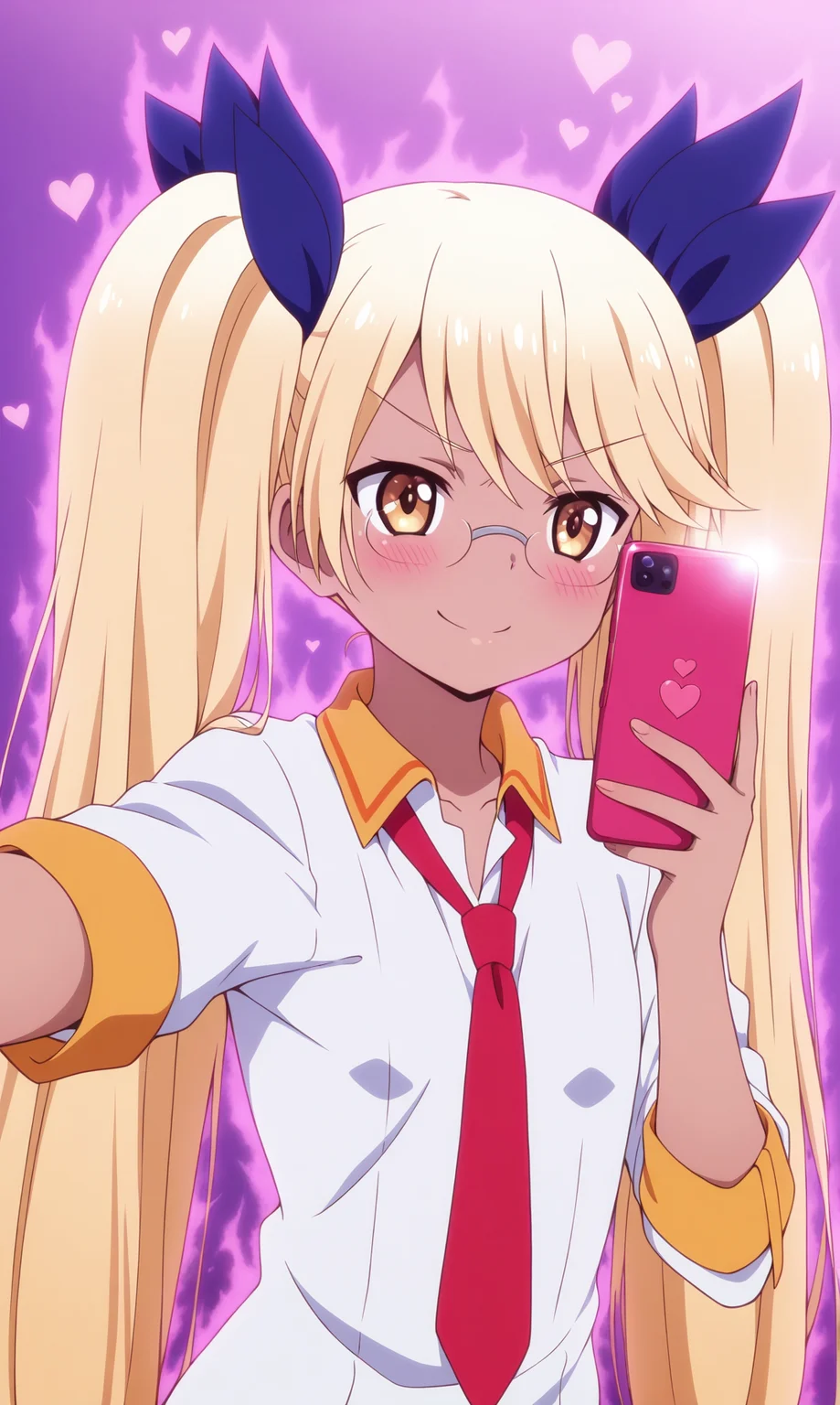 masterpiece, best qualify, zzRetoree, 1girl, phone, solo, necktie, twintails, glasses, pink aura, smartphone, blonde hair, long hair, up hand, heart, v-shaped eyebrows, holding phone, portrait, selfie, hair ribbon, ribbon, >:\), peace sign, shirt, red necktie, Selfie angle, upper body, rimless eyewear, blush, parody, yellow eyes, collared shirt, purple background, closed mouth, white shirt, dark skin, brown eyes, dark-skinned female, very long hair,