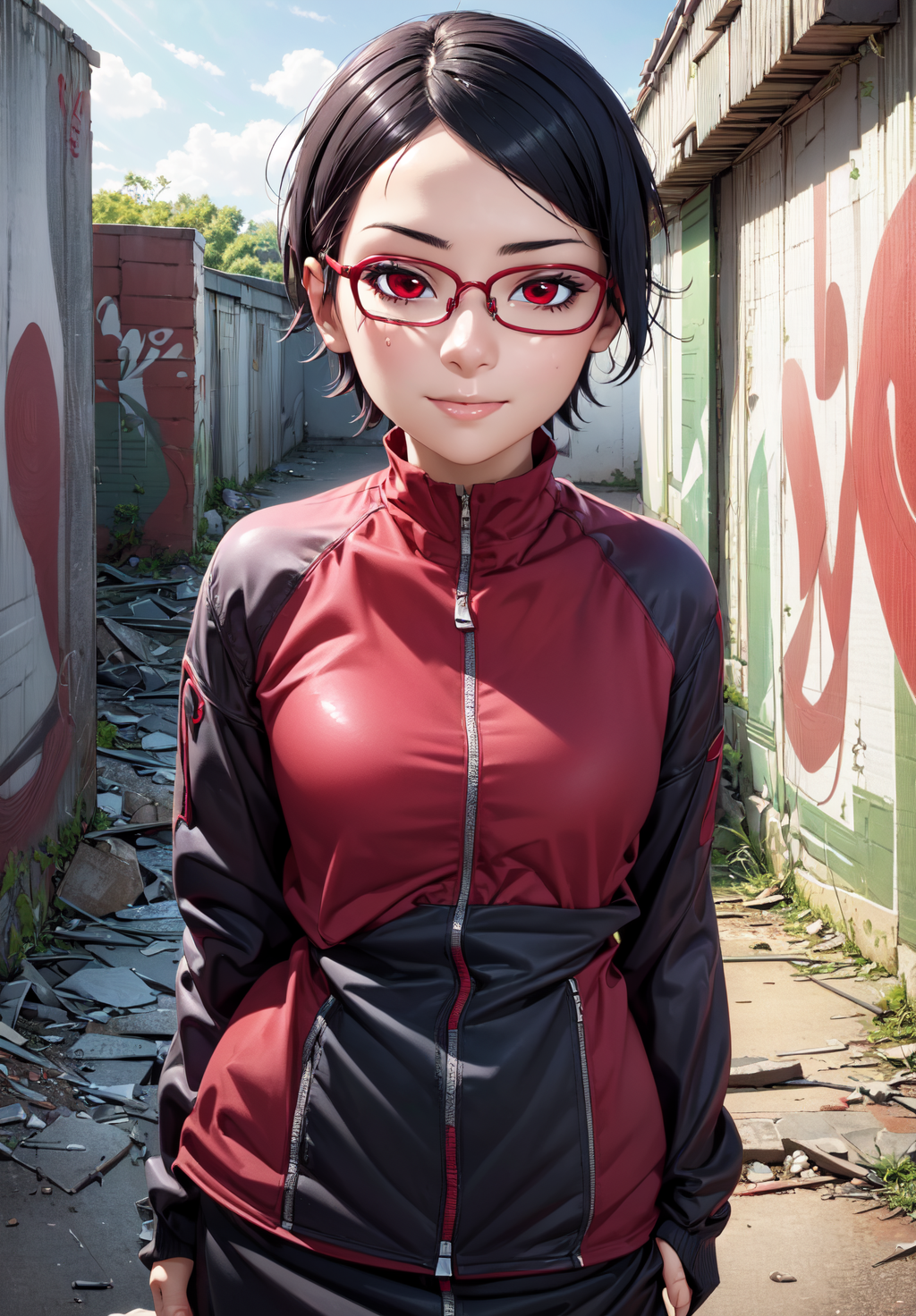 (Digital Artwork:1.3), 1girl, sfw, <lora:uchiha_sarada:0.8>, uchiha_sarada, 1girl, solo,, light skin, quarter turn,1/4 body pose, upper body view, eyes focus, looking at the viewer, (flirty facial expression:1.3), red eyes, clear glasses, petite body, in early twenties, petite breasts, traning outfit, abandoned warehouse with graffiti, (masterpiece, best quality, absurdres, detailed, ultra-detailed:1.3), alluring, (trending on CGSociety, trending on pixiv, contest winner:1.3)