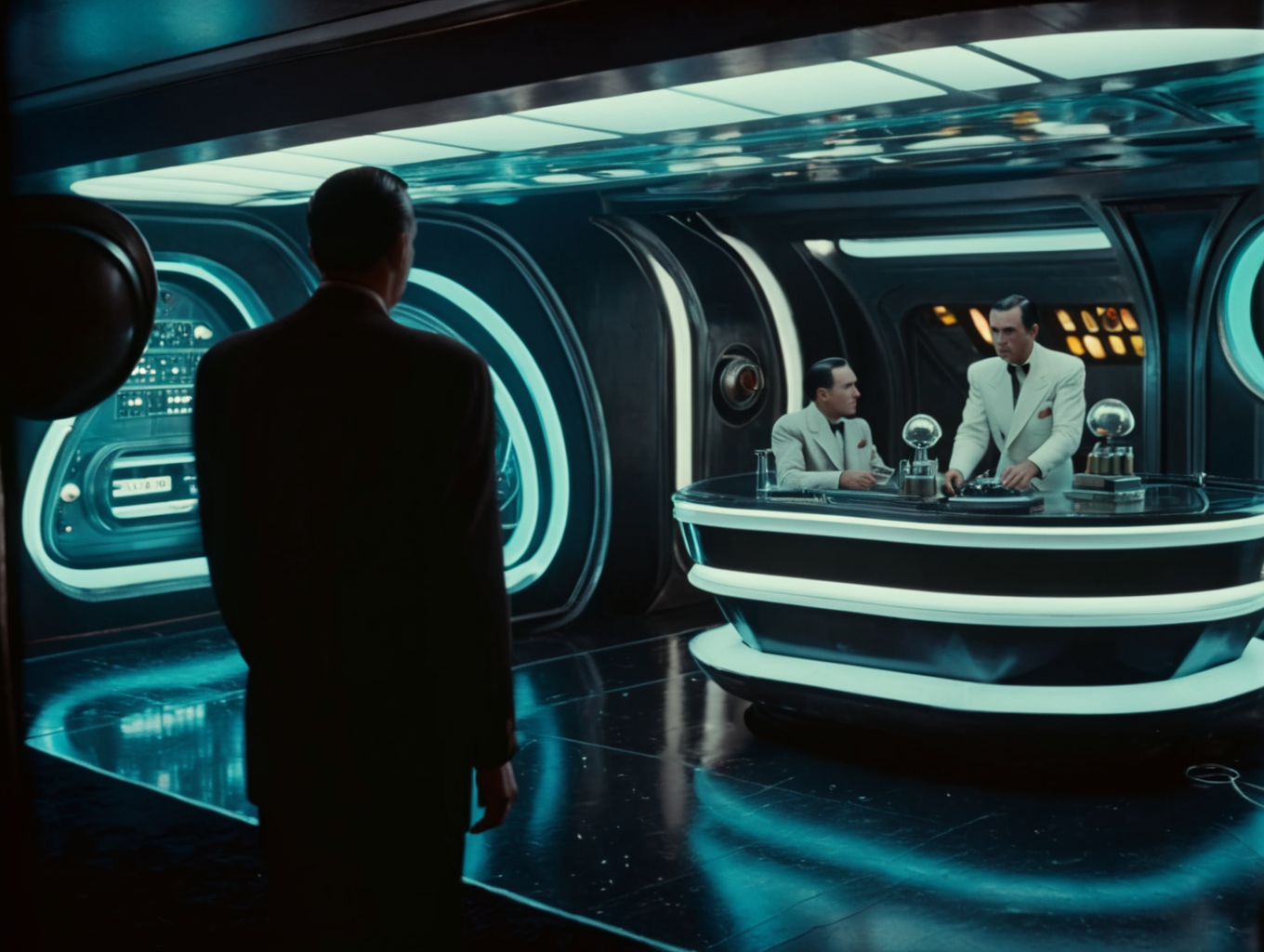 cinematic film still of  <lora:Blade Runner Style:1.2>
Kodak Eastman 100T 5247 Cinematic 1939 Film Stock Footage of a retrofuturistic spaceship interior, busy crew, outerspace outside,film noir, cinematic ambiance,
Blade Runner style, shallow depth of field, vignette, highly detailed, high budget, bokeh, cinemascope, moody, epic, gorgeous, film grain, grainy