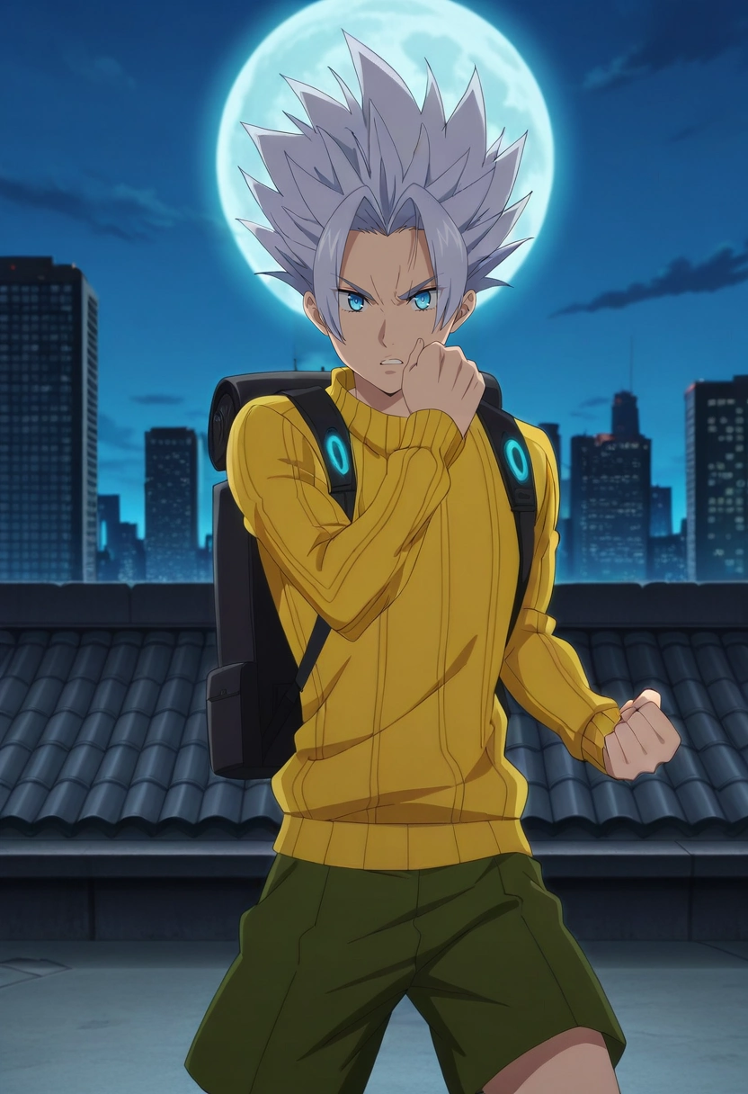 masterpiece, best quality, anime screencap, official style, anime coloring, cowboy shot, 1boy, solo, male focus, <lora:arden_nnt_ilxl:0.9>, arden_nnt, grey hair, blue eyes, short hair, spiked hair, , rooftop battlefield, glowing moon, towering skyline, shadowy opponents, fighting pose, intense expression, midnight glow, Brocade Yellow Pinstripe Seersucker shorts, Half-zip sweater, , , Hiking Pack and