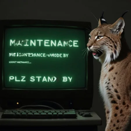 eurasian lynx, looking at monitor, chewing on cable, cable mess, mntnnc_md_plz_stand_by, text on monitor: "maintenance mode: plz stand by"