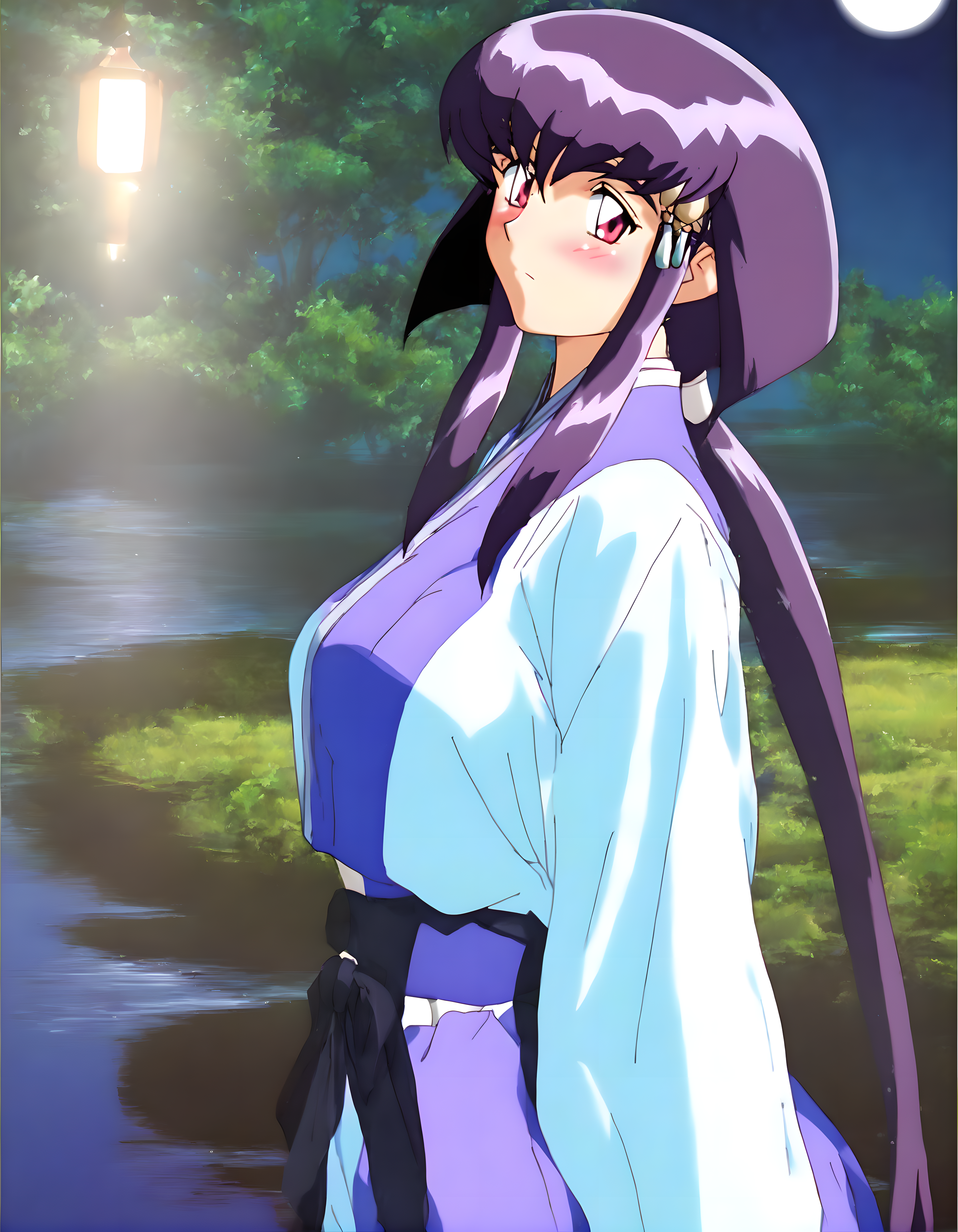 <lora:pony_xl_ayeka>,ayeka,1girl,best quality,masterpiece,super fine illustration,looking at viewer,closed_mouth,light blue kimono,shiny costumes,translucent sleeves,night,moon,moonlight,strong rim light,lake,light reflection on the surface,many ripples,silhouette,standing,hands_on_own_chest,full_shot,from_side,light_blush,