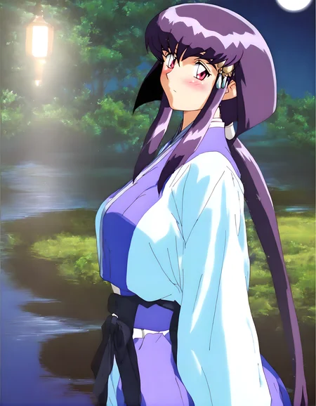 <lora:pony_xl_ayeka>,ayeka,1girl,best quality,masterpiece,super fine illustration,looking at viewer,closed_mouth,light blue kimono,shiny costumes,translucent sleeves,night,moon,moonlight,strong rim light,lake,light reflection on the surface,many ripples,silhouette,standing,hands_on_own_chest,full_shot,from_side,light_blush,