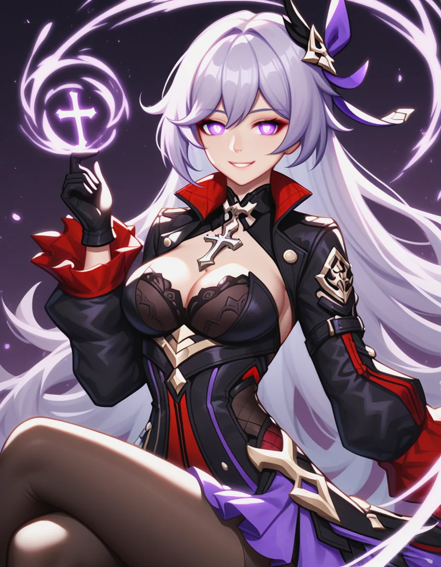 (score_9, score_8_up, score_7_up, score_6_up, score_5_up, score_4_up),1girl,thelema_honkai_impact,aura,black_choker,black_gloves,black_pantyhose,bright_pupils,choker,cross,crossed_legs,dark_aura,dark_background,gloves,hair_ornament,holding,holding_string,jacket,long_hair,long_sleeves,naughty_face,pantyhose,purple_eyes,purple_ribbon,red_jacket,ribbon,ribbon_hair_ornament,smile,solo,string,string_in_mouth,very_long_hair,white_hair,white_pupils,<lora:thelema-honkai-impact-xl:0.8>,