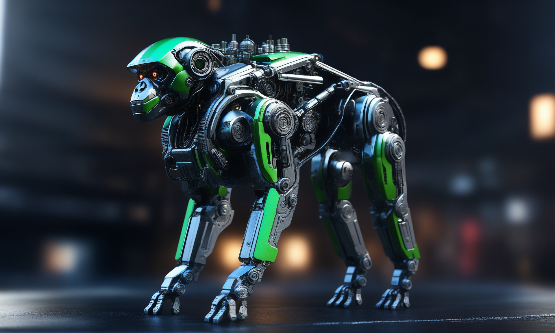 <lora:mechcd_xl-000007:0.8>,a (mechcd_xl,mech,cyberpunk,shiny,glowing,mechanical parts,joints,military) monkey,green theme,no humans,solo,long-focus,tilt-shift,outdoors,full body,cityscape,at night,dim light,glowing eyes,science fiction,dystopian,futuristic,intricate,chinese zodiac,still life,front view,facing viewer,looking at viewer, emotional,harmonious,high budget,moody,epic,gorgeous,perfect lighting,realistic,photorealistic,photographic,photo (medium),real,moody lighting,volumetric lighting,reality ray tracing,8K,HDR,UHD,masterpiece,best quality,highly detailed,high resolution,finely detail,extremely detailed,ultra detailed,wallpaper