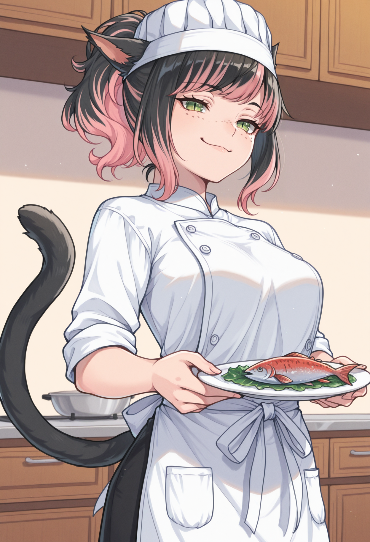 masterpiece, best quality, traditional media, watercolor /(medium/), 1girl, solo,  <lora:clamchan_illu:1> animal ears, black hair, pink hair, multicolored hair, ponytail, green eyes, slit pupils, freckles, cat tail, apron, chefs hat, holding plate, gifting, fish on plate, smug, kitchen