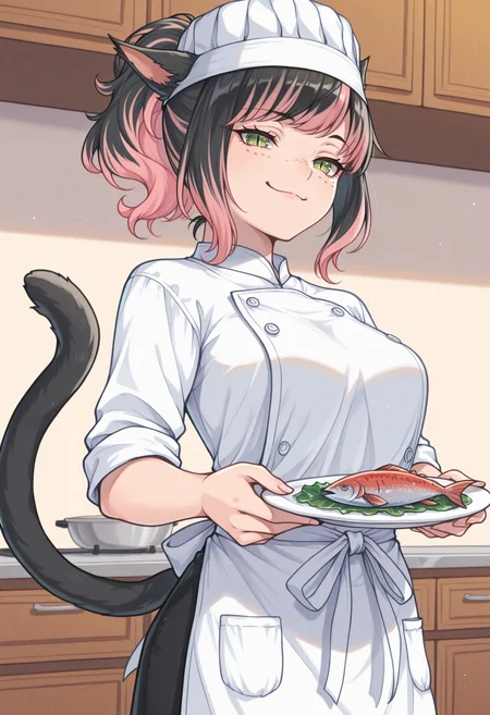 masterpiece, best quality, traditional media, watercolor /(medium/), 1girl, solo,  <lora:clamchan_illu:1> animal ears, black hair, pink hair, multicolored hair, ponytail, green eyes, slit pupils, freckles, cat tail, apron, chefs hat, holding plate, gifting, fish on plate, smug, kitchen