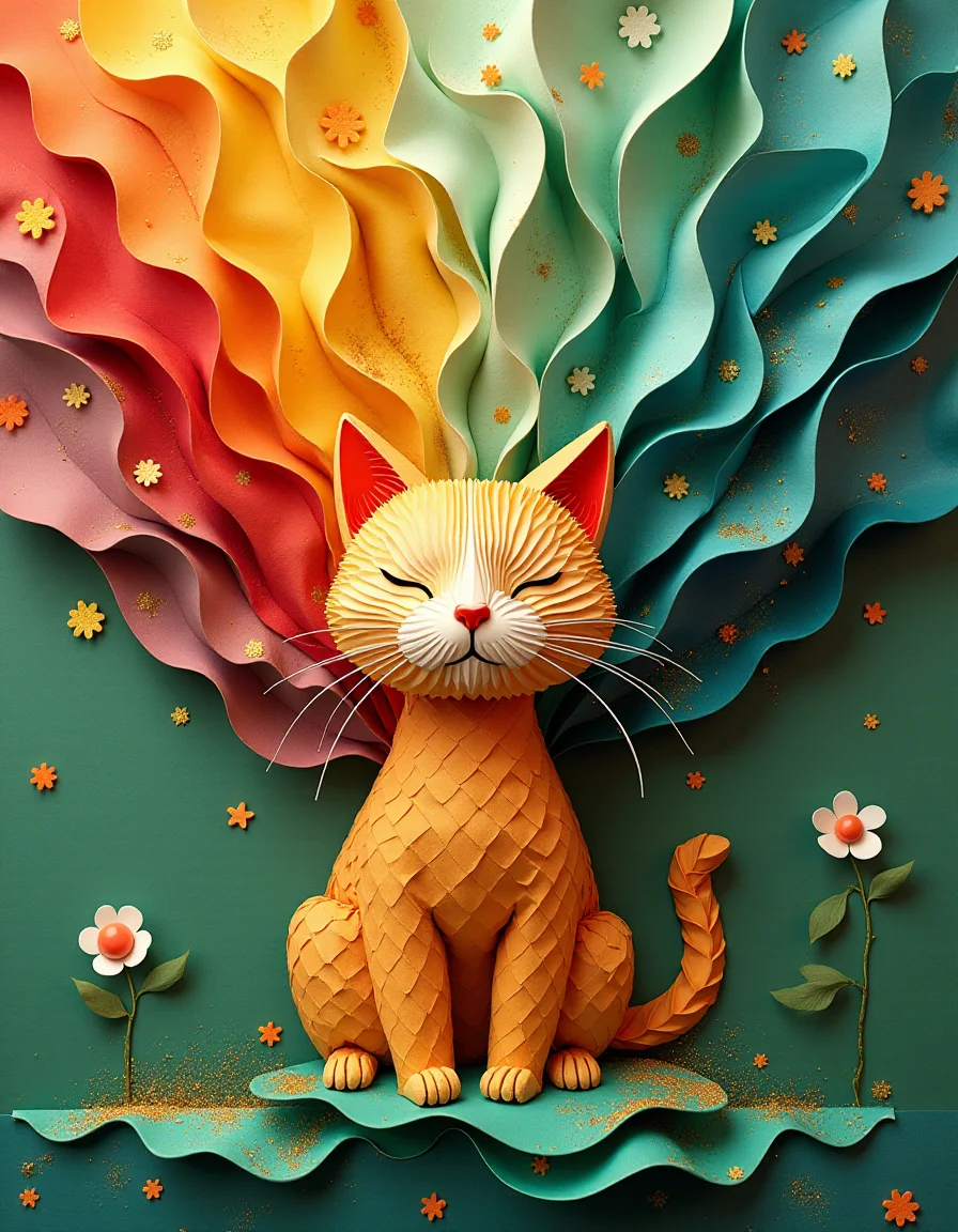 origami style colorful painting made of glitter streams and dust cloud, cute cat face without body, (((warm colors))), green, intricate details, . paper art, pleated paper, folded, origami art, pleats, cut and fold, centered composition