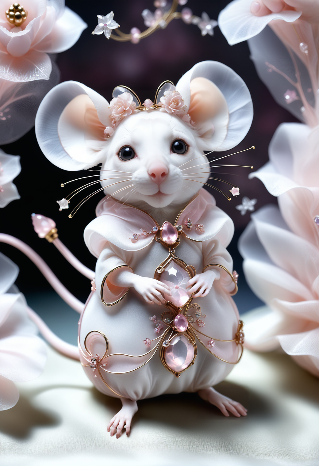 a white mouse made out of reij-rsrgnz <lora:RoseOrganza-000006:1>, surrounded by fairy dust, cuteness overload