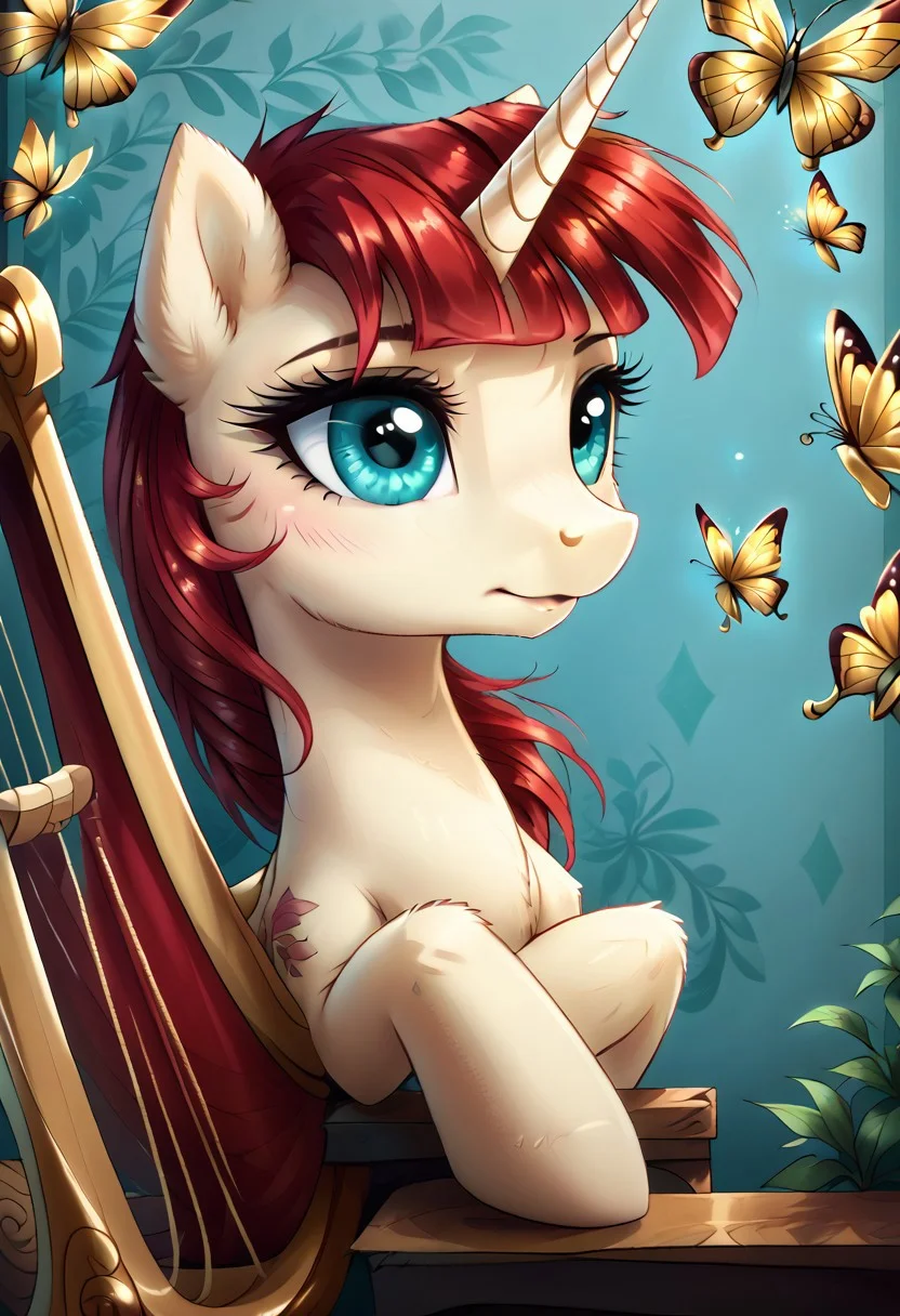 safe_pos, score_9, score_8_up, score_7_up, score_6_up, score_5_up, score_4_up, my little pony, ((feral pony)), Lauren Faust, Blue eyes, white body, 1girl, ((solo)), (sexy), beautifully detailed, (detailed cute pony face), detailed golden eyes, detailed turquoise fur, (turquoise floral background:1.5), (playing the harp:1.8), ((close-up)), high angle, (golden marigold), (foliage:1.0), (golden butterflies:1.5), (unicorn), (golden harp)