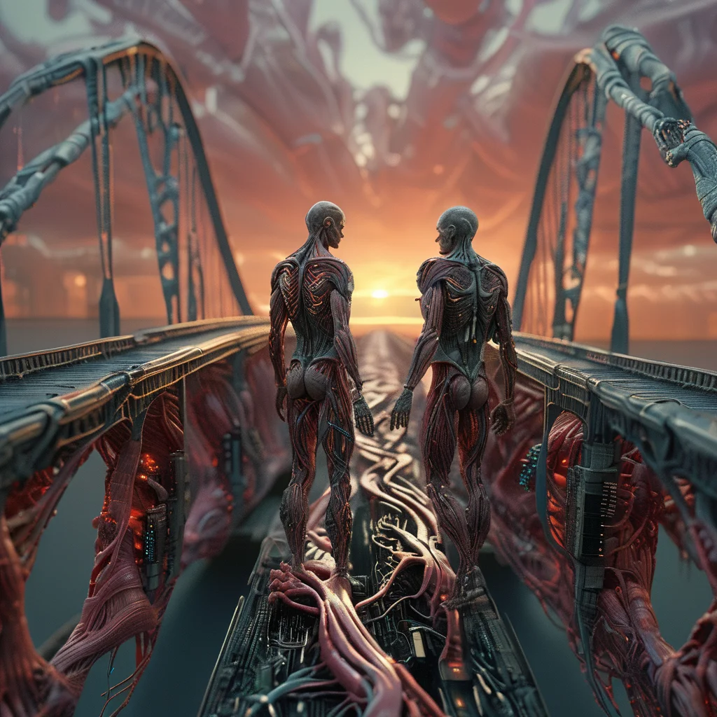 cyberanatomy lovers on the bridge at sunrise, very detailed, photorealistic, dark and expressive, cinematic<lora:cyberanatomy:1>