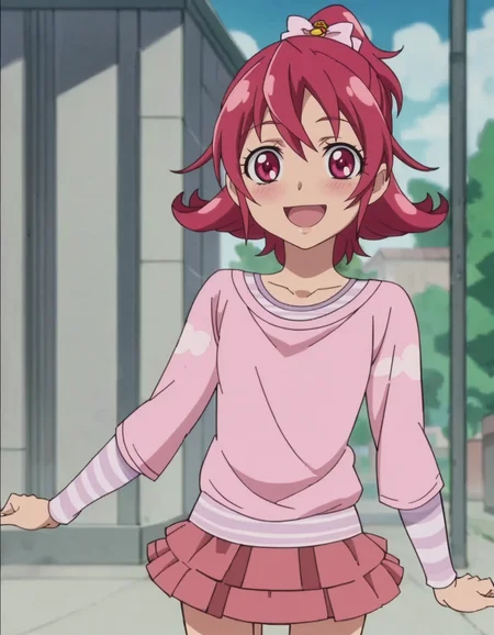 score_9, score_8_up, score_7_up, anime screencap, solo, 1girl, aidamana, shirt, smile, pink shirt, skirt, pink bow,looking at viewer,cowboy shot,small breasts,blush,open mouth<lora:aidamana:0.8>