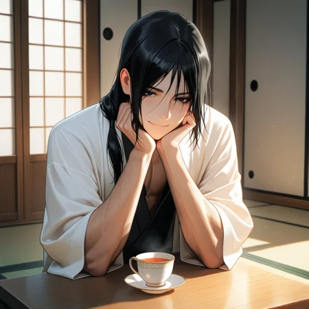 masterpiece, best quality, amazing quality, absurdres, newest, detailed background, definition so sharp, Ultra-HD, 8K cinematic, very awa, impressionate, amazing quality, highres, 
solo, male focus, manly, 
kurohyatogami, kuroh_black hair, kuroh_black eyes, 1boy, low tied hair, long hair, 
thoughtful expression, slight smile, tea cup, traditional tatami room, sunlight through shoji, calm, wise, caring, cool, inviting atmosphere, warm, against table