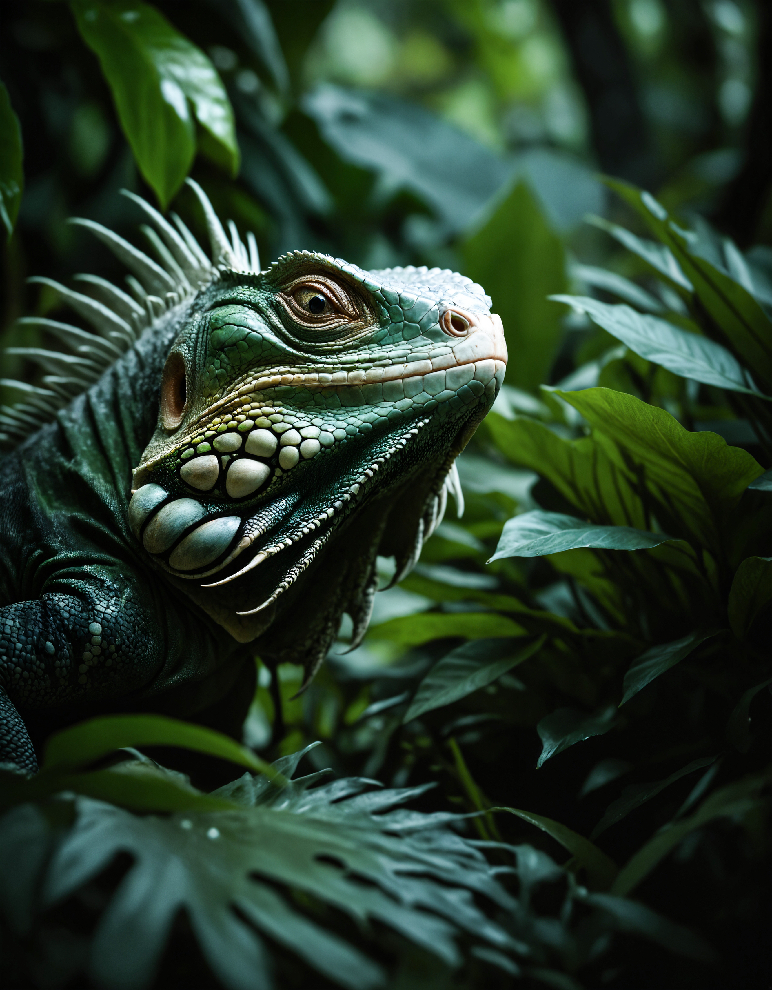 Animalfocus, nature shot with wide shot of a dark jungle scene,face of a iguana hiding between the bushes,nightfall,dimmly lit,intense gaze,tension,perfect composition,masterpiece,best quality,