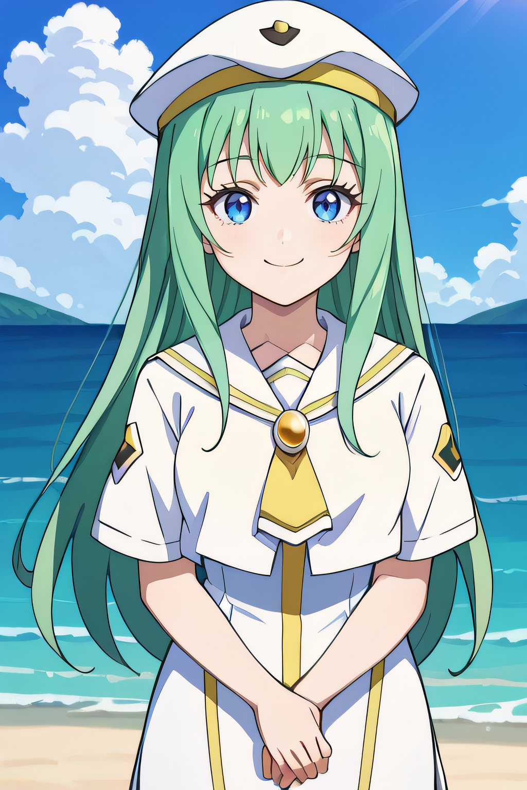 score_9, score_8_up, score_7_up, source_anime, rating_safe, intricate details, 1girl, <lora:Carroll:1>, carroll, green hair, blue eyes, aria company uniform, white beret, blouse, yellow ascot, brooch, sailor collar, short sleeves, long dress, dress, side slit, print dress, own hands togehter, cowboy shot, sun, blue sky, ocean behind, smile