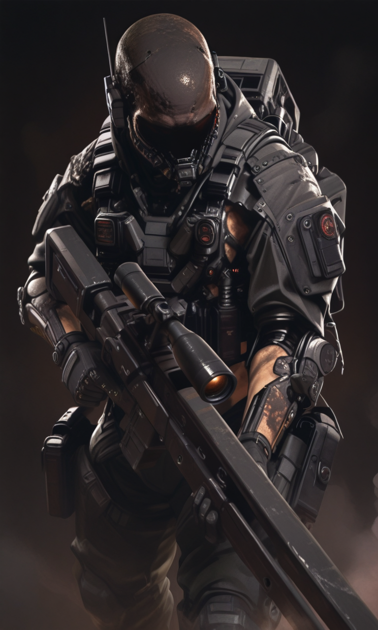 A highly detailed CGI image of a futuristic soldier in black tactical gear wielding a large sniper rifle set against a dark smoky background.<lora:- iLL - the_edgy_mech_V2.0-step000013500:.8>