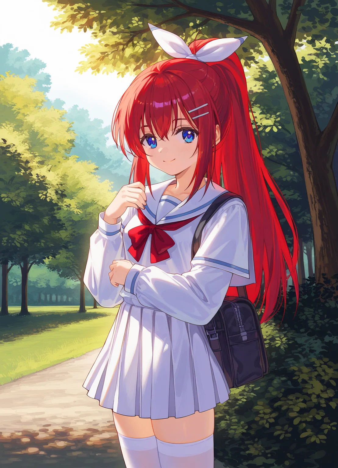 score_9, score_8_up, score_7_up, masterpiece, best quality, absurdres, official art, official style, anime screencap, megami magazine, zPDXL2, zPDXLxxx, <lora:Shiratori Mikoto (In'youchuu Chiroku ver) Pony v1_epoch_10:0.7>, 1girl, solo focus, shiratori_mikoto, large breasts, BREAK, (blue eyes:1.1), BREAK, red hair, long hair, ponytail, sidelocks, bangs, BREAK, hair ribbon, white ribbon with blueline, BREAK, school uniform, capelet, white jacket with black sideline, BREAK, red ribbon, BREAK, white skirt with black lining, pleated skirt, sawtooth hem, BREAK, (white thighhighs:1.2), BREAK, <lora:neg4all_bdsqlsz_xl_V91:1.0> <lora:ALTXL_pony_0061_8:2.0>, <lora:detailed_hands-000002:1>, hand outdoors, national parks, grasslands, tree, standing, dim lighting, light particles, closed eyes, smile, looking at viewer, A girl standing under a large tree in a park during the early morning, with sunlight from the sunrise streaming through the branches. She has one hand resting on the tree trunk, casting long shadows across the park. The scene captures the serene, fresh atmosphere of the early morning with golden light illuminating the girl's silhouette and creating a peaceful, contemplative mood.