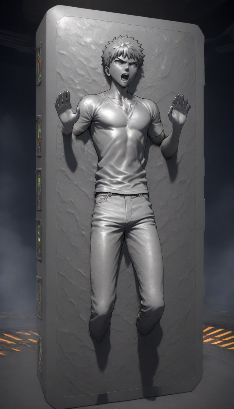 <lora:Carbonite_V1-1:1>,carbon freeze,solo,open mouth,short hair,1boy,male focus,pants,glowing,emiya shirou,shirt,machine rough,character smooth,(arms stuck:1.1),feet stuck,calves stuck,solid eyes,controller,carbon freeze chamber,masterpiece,high score,great score,absurdres,full body,manly,restrained,petrification,cgi,hands up,