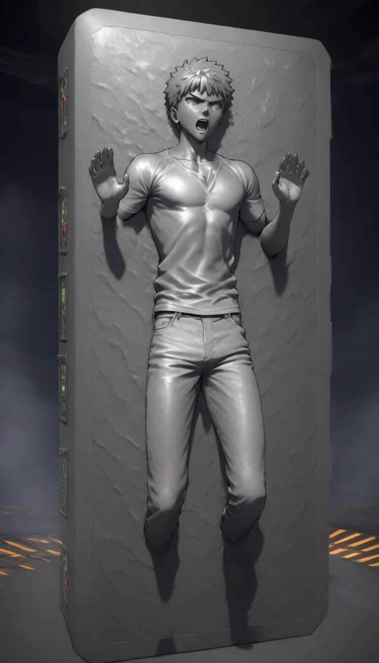 <lora:Carbonite_V1-1:1>,carbon freeze,solo,open mouth,short hair,1boy,male focus,pants,glowing,emiya shirou,shirt,machine rough,character smooth,(arms stuck:1.1),feet stuck,calves stuck,solid eyes,controller,carbon freeze chamber,masterpiece,high score,great score,absurdres,full body,manly,restrained,petrification,cgi,hands up,