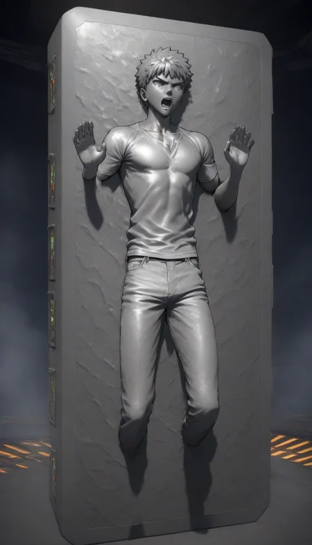 <lora:Carbonite_V1-1:1>,carbon freeze,solo,open mouth,short hair,1boy,male focus,pants,glowing,emiya shirou,shirt,machine rough,character smooth,(arms stuck:1.1),feet stuck,calves stuck,solid eyes,controller,carbon freeze chamber,masterpiece,high score,great score,absurdres,full body,manly,restrained,petrification,cgi,hands up,