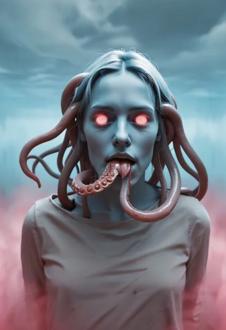 weird water woman, 19yo, portrait, strange tentacles, prismatic beams, score_9, score_8_and_up